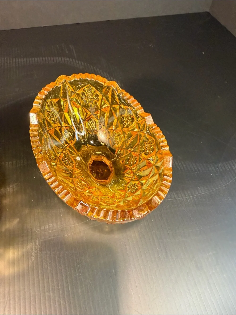 1960 Vintage Kemple Wheaton Amber Glass Toltec Set Compote Dish & Candle Holder